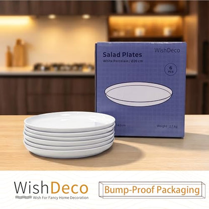 White Salad Plates Set of 6, Porcelain Dessert Plates 8 inch, Modern Kitchen Plate, Round Appetizer Plates, Microwave and Dishwasher Safe, Scratch Resistant, Smooth Glaze - color: White 8 inch