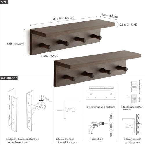 Entryway Coat Rack Hooks with Shelf, Sturdy Wooden Floating WallOrganizer Shelf with 4 Hooks siutable for Entrance, Mudroom, Kitchen, Bathroom,.etc(2pc-Walnut Finish) - color: Walnut 2PC