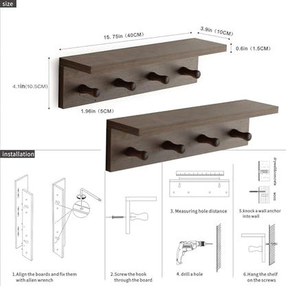 Entryway Coat Rack Hooks with Shelf, Sturdy Wooden Floating WallOrganizer Shelf with 4 Hooks siutable for Entrance, Mudroom, Kitchen, Bathroom,.etc(2pc-Walnut Finish) - color: Walnut 2PC