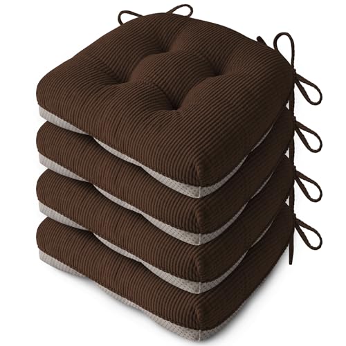 Anti Slip Kitchen Chair Cushions Set of 4 18"X16.5"X3" Brown | Elegant Breathable Textured Fabric, with Ties, Tufted, Thick Polyester Filling, for Dining Chairs, Folding Chairs, Office - color: Brown