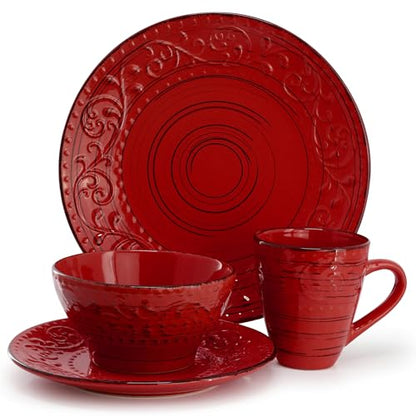 Elama Malibu Ocean Bloom 16-Piece Stoneware Embossed Pattern Reactive Glaze Red Dinnerware Set, Tableware, Serveware Set (Ocean Bloom Red) - color: Ocean Bloom Red