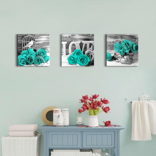 Teal Bathroom Wall Decor Turquoise Teal and Grey Rose Wall Art for Bedroom Living Room Accessories Love Sign Aqua Green Flower Pictures Floral Poster Canvas Artwork Kitchen Home Decoration 12x12" 3 | Love Sign Aqua Green Flower Pictures Canvas Prints Vint