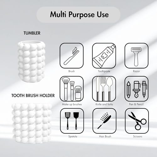 Better Trends Bathroom Accessories Set 3 Pieces Resin Bubble Textured Soap Dispenser, Toothbrush Holder & Tumbler for Vanity, Kitchen Sink & Countertop Organization White Nova Collection - color: White
