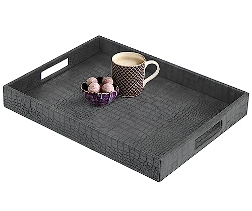 HofferRuffer Rectangle Serving Tray with Hole Handles for Coffee Table, Breakfast, Tea, Food, Butler - Countertop, Kitchen, Vanity Serve Tray, 16.2 x 12.2 x 2 inches, Faux Leather Tray (Dark Grey) - color: Dark Grey