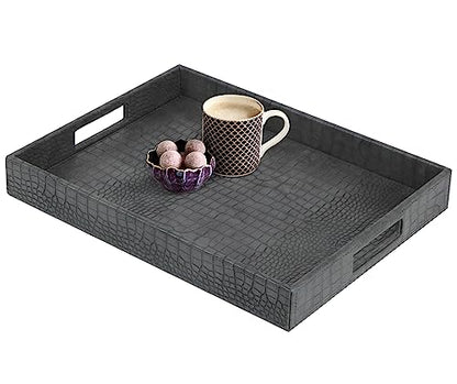 HofferRuffer Rectangle Serving Tray with Hole Handles for Coffee Table, Breakfast, Tea, Food, Butler - Countertop, Kitchen, Vanity Serve Tray, 16.2 x 12.2 x 2 inches, Faux Leather Tray (Dark Grey) - color: Dark Grey