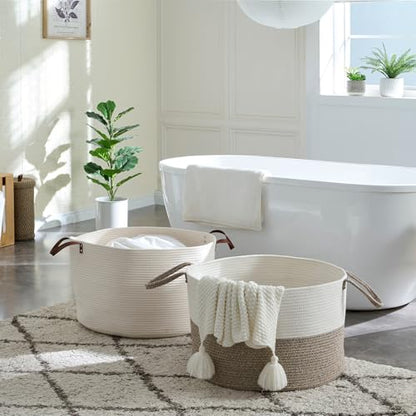 Extra Large Nursery Storage Basket, 22 x 22 x 14 inches - 100% Cotton Rope Baskets with Handles, Laundry Basket for Toys, Blankets & Pillows - Off White with Leather Handles - color: White