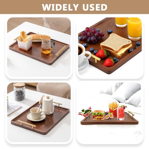 Wood Serving Tray with Metal Handles,Decorative Serving Tray, Food Drinks Tray for Breakfast, Coffee Table, Dinner & Bar, Kitchen, Bedroom (Brown)