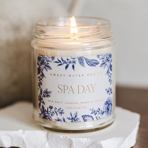Sweet Water Decor Spa Day Patterned Candle – Soy Candles with Sea Salt, Jasmine, Wood, Cream Aroma– 40 Hour Burn – 9oz Clear Glass Jar – Ideal for Valentines Presents or Any Special Occasion - style: Spa Day