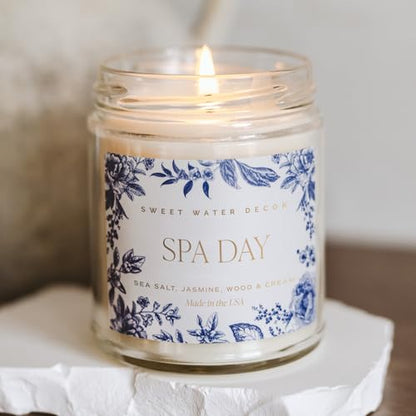 Sweet Water Decor Spa Day Patterned Candle – Soy Candles with Sea Salt, Jasmine, Wood, Cream Aroma– 40 Hour Burn – 9oz Clear Glass Jar – Ideal for Valentines Presents or Any Special Occasion - style: Spa Day