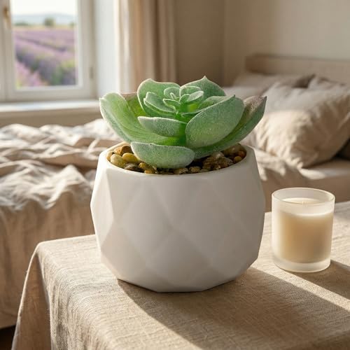 Mini Artificial Succulent Plants in Pot, Diamond Ceramic Decorative Plant for Home, Office Desk Succulent for Living Room, Bedroom, Pink A - color: Green E