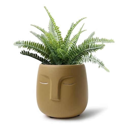 GeLive Head Succulent Plant Pot Ceramic Face Planter Modern Statue Flower Vase Windowsill Box with Drainage Hole Home Decoration Indoor Outdoor Container Gold Eyes (Clay Yellow) - color: Clay Yellow