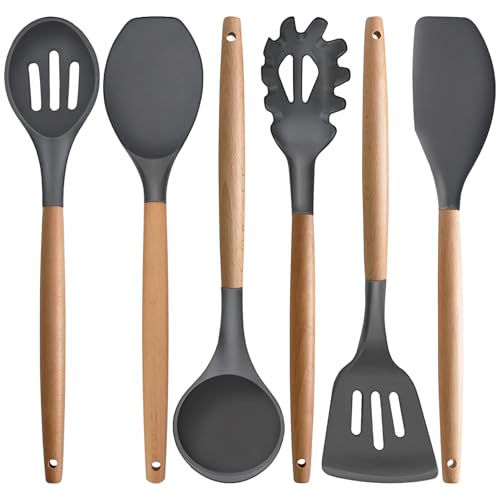 Kitchen Cooking Utensils Set, 6Pcs Silicone Kitchen Utensils Set Spatula Spoon Soup Ladle Turner, Heat Resistant Wooden Handle Silicone Cooking Gadgets for Nonstick Cookware & Baking BPA FREE - color: Gray, size: Standard 6-Piece Set