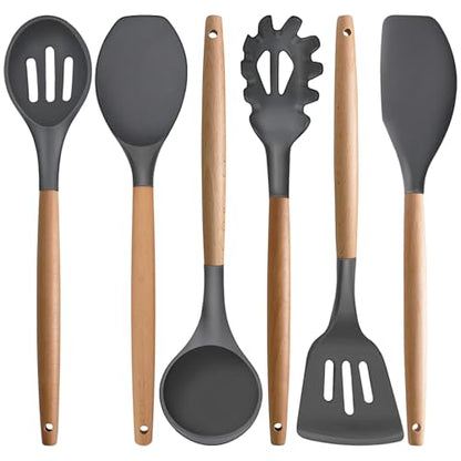 Kitchen Cooking Utensils Set, 6Pcs Silicone Kitchen Utensils Set Spatula Spoon Soup Ladle Turner, Heat Resistant Wooden Handle Silicone Cooking Gadgets for Nonstick Cookware & Baking BPA FREE - color: Gray, size: Standard 6-Piece Set