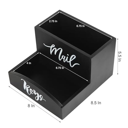 Rustic Black Torched Wooden Key Mail Organizer Word Front Label Table Top Organizing Bin Wood Countertop Desktop Cellphone Wallet Stationery Jewelry Storage Tray Entryway Home Office Farmhouse