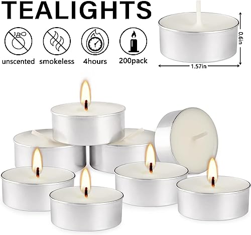 Unscented Tealight Candles 200 Pack, 4 Hours Smokeless Dripless White Mini Tea Lights Bulk for Home, Wedding, Party, Shabbat, Christmas & Emergency Use - color: White, size: 200 Pack