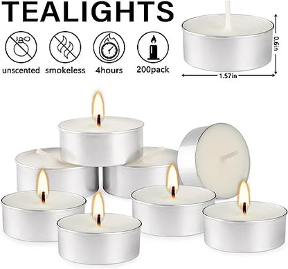 Unscented Tealight Candles 200 Pack, 4 Hours Smokeless Dripless White Mini Tea Lights Bulk for Home, Wedding, Party, Shabbat, Christmas & Emergency Use - color: White, size: 200 Pack