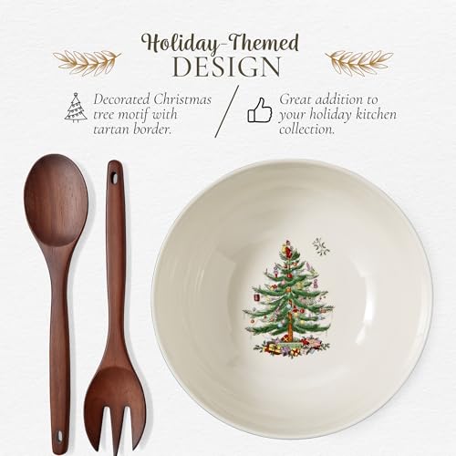 Spode Christmas Tree Polka Dot Serving Bowl & Wooden Servers - Set of 3 | Hand Painted Earthenware 10" Salad Bowl & Acacia Wood Servers for Pasta, Salads, Side Dishes & Holiday Entertaining