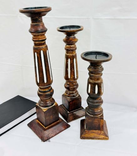 Pillar Candle Holders Set of 3, Candle Holders for Pillar Candle,Mango Wood Candle Holder for Coffee Dining Table, Wedding, Christmas, Halloween, Home Decoration,Brown