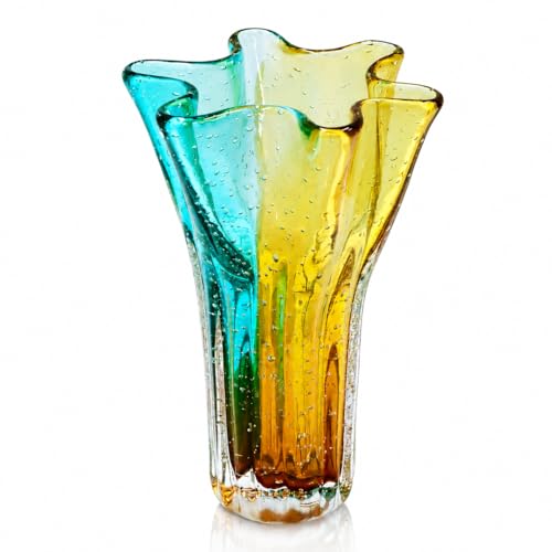 Art Glass Vase with Hand Blown Bubble Texture, Decorative Blue Amber Glass | Modern Home Decor Accent for Flowers Living Room, Dining Table, Shelf Entryway Display