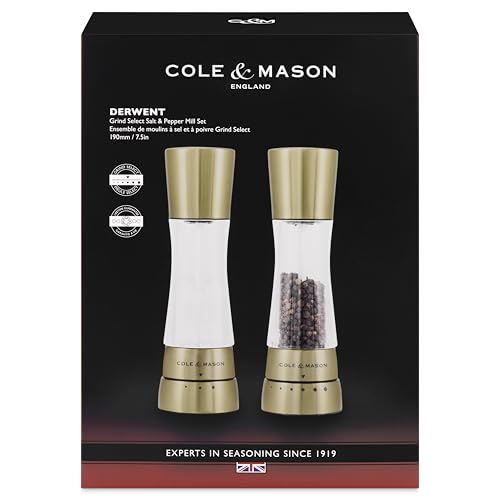 Cole & Mason Derwent Matt Gold Salt and Pepper Mill Set – 7.5" Acrylic & Stainless Steel Grinder with Precision+ Carbon Steel & Ceramic Mechanisms, 6 Grind Settings - color: Gold