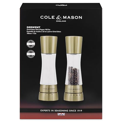 Cole & Mason Derwent Matt Gold Salt and Pepper Mill Set – 7.5" Acrylic & Stainless Steel Grinder with Precision+ Carbon Steel & Ceramic Mechanisms, 6 Grind Settings - color: Gold