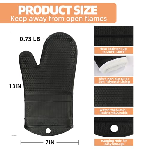 YUTAT Silicone Oven Mitts,Heat Resistant 500F Kitchen Mitts 2PCS,Perfect for BBQ, Baking and Cooking,Black - color: Black-honeycomb Surface, size: 13“L x 7"W-2 Piece