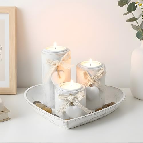 Farmhouse Candle Holders 3 Pack Rustic Wooden Pillar Candle Holder | Heart Tray and Stones Tealight Candles Holders Centerpiece for Wedding Coffee Table Mothers Day Valentines Home Decor - color: White