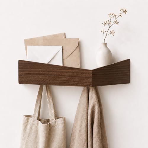 Coat Rack Wall Mount,Key Holder with Hidden Hooks Wooden Decorative Coat Hook Hat Rack Entryway Key Holder Organizer Tray Shelf for Kitchen Bathroom Towels Clothes Hanger (Black walnut) - color: Black Walnut