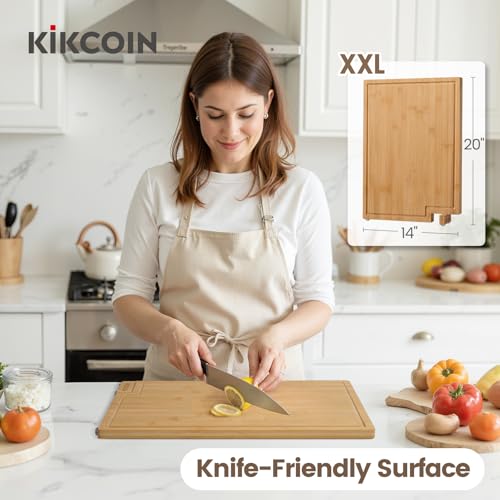 Kikcoin Bamboo Cutting Boards for Kitchen, 2XLarge Wood Cutting Board with Rotating Kickstand & Juice Groove, Wooden Chopping Board for Meats Veges Fruits, Heavy Duty Serving Tray, 20 x 14 inch - size: 20"L x 14"W