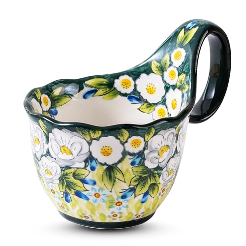 Hand-Painted Floral Ceramic Mug, 18oz Soup Bowl, Large Stoneware Cup with Unique Handle, Bohemian Style for Coffee, Tea, Soup, Microwave Dishwasher Safe, Mom Women - color: Hand-Painted Jasmine & Wild Rose Floral Pattern
