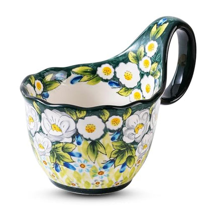 Hand-Painted Floral Ceramic Mug, 18oz Soup Bowl, Large Stoneware Cup with Unique Handle, Bohemian Style for Coffee, Tea, Soup, Microwave Dishwasher Safe, Mom Women - color: Hand-Painted Jasmine & Wild Rose Floral Pattern