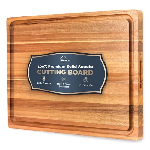 Howizz Acacia Wood Large Cutting Board, Thick Edge Grain Solid Wood Butcher Block For Kitchen, Non Toxic Pre-Oiled Carving Tray w/Juice Grooves and Easy Grip Handle, 24"x18" Thick 1.5" Gift-Ready Box - color: Upgraded Edge Grain, size: 24"L x 18"W
