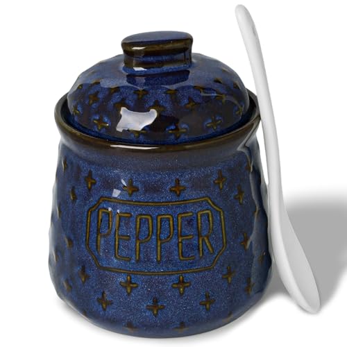 Pepper Bowl with Lid and Spoon, 10 oz Ceramic Seasoning Jar (Vintage Blue) | Easy One-Hand Access, Keeps Seasonings Fresh, Wide Opening, Easy to Clean, Dishwasher Safe - color: Vintage Blue, size: 4.3" Label Pepper
