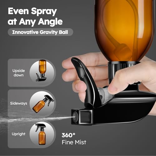 Tecohouse 360° 4 OZ Amber Glass Spray Bottles 2 Pack | 360° All-Angle Spray, Leakproof, Empty Refillable Containers for Cleaning Solutions, Plants, Facial Hydration, Hairs Care,