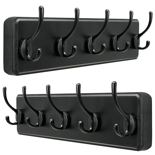 Wall Mounted Coat Rack: Patented, Heavy-Duty, 17.4" Long 5-Double-Hooks Wooden Hanger Rail for Winter Coats, Hats, Jackets, Clothing - Black, Pack of 2 - color: Black, size: L=17.4" (2pcs)