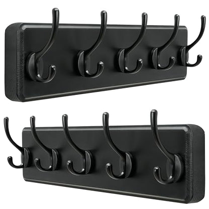 Wall Mounted Coat Rack: Patented, Heavy-Duty, 17.4" Long 5-Double-Hooks Wooden Hanger Rail for Winter Coats, Hats, Jackets, Clothing - Black, Pack of 2 - color: Black, size: L=17.4" (2pcs)