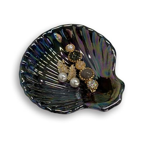 Shell Jewelry Dish Tray, Ceramic Trinket Tray Clamshell Jewelry Organizer Dish, Ring Holder Dish Room Decor, Mother's Day Valentine's Friendship Christmas Birthday Gifts for Women (Multicolor Black) - color: Multicolor Black