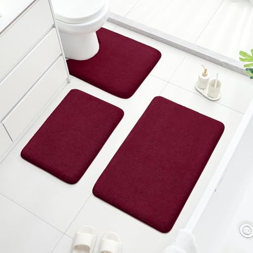 HOMEIDEAS Upgraded Bathroom Rugs Set 3 Piece, Ultra Soft Memory Foam Bath Mats, Super Absorbent Non Slip Washable U-Shaped Toilet Bath Rug (Burgundy Red, 17"x24"+20"x32"+U-Shaped 20"x24") - color: Burgundy Red
