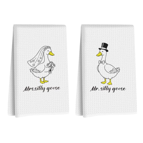 Mr and Mrs Silly Goose Kitchen Towels, Wedding Gifts for Couples Newlyweds | Wedding Dish Tea Towels for Kitchen Decor, Just Married Gifts Decorative Hand Towels for Bathroom, 14x24 Inch Set of 2 - color: Bride & Groom Silly Goose