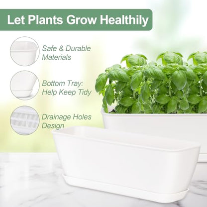 8-Piece White Rectangular Window Sill Planters with Drainage Holes and Trays (11 Inches) for Basil, Orchids, and Succulents Modern Herb Garden Planters Suitable for Indoor/Outdoor Plants - size: 11.1 x 3.23 x 3.54-inch