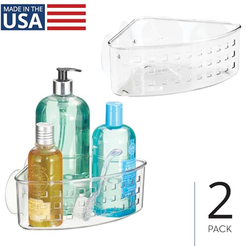 iDesign Plastic Suction Cup Corner Shower Basket, Set of 2, Clear | Bathroom Storage, Made in USA - style: Pack of 2