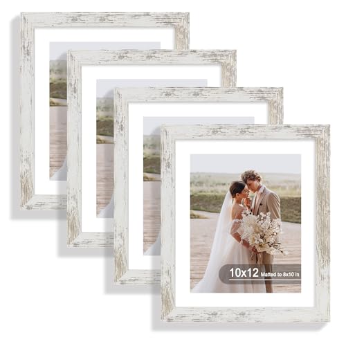 Hongkee 10x12 Picture Frame Set of 4, Made of Real Glass and Distressed White Frame - Display Picture 8x10 with Mat or 10x12 Without Mat, 10 by 12 Photo for Wall Mounting - color: Distressed White, size: 10x12 in