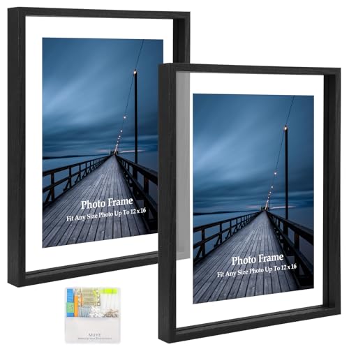 MUYE 12x16 Floating picture Frames Set of 2,Double Glass Frame,Display Any Size Photo up to 12x16,Wall Mount or Tabletop Standing,Black - color: Black, size: 12x16