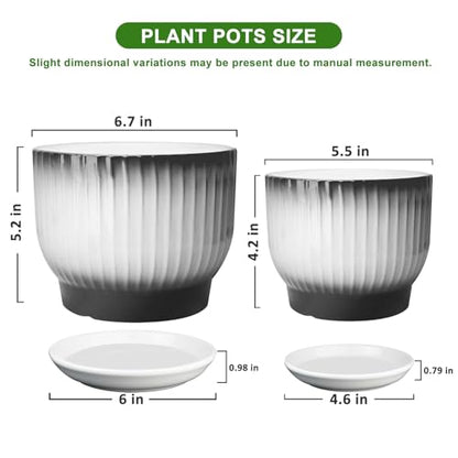 6.7 + 5.5 Inch Ceramic Plant Pots,Set of 2,Planters with Drainage and Saucer,Indoor Pots for Plants,Modern Flower Pots for Home and Office（Black + White） - color: Black + White