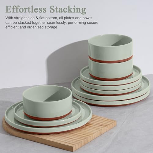 LIANYU Stoneware Dinnerware Sets Service for 8, 24 PCS Plates and Bowls Set | Handmade Ceramic Dish Set, Highly Chip and Crack Resistant Modern Plate Set, Laurel Green - color: Fog Green