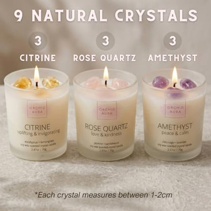 Soy Candles with Healing Crystals. Citrine, Rose Quartz, Amethyst Crystal. | Eucalyptus + Lemongrass, Jasmine + Sandalwood, Clary Sage + Lavender. 3PC Scented Crystal Candle Set, 2.47oz Each