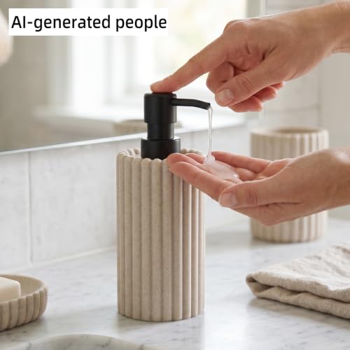Bathroom Accessories Set,Sandstone Look Beige, Thick Stripe, 5 PCS | Modern, Minimalist, Included 13.5 OZ Soap Dispenser, Toothbrush Holder, Tumbler, Bar Soap Holder, Faux Potted Plant - color: Beige 5pcs