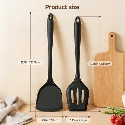 2-Pack Silicone Spatula Set, Heat Resistant Spatulas for Baking & Mixing, BPA-Free Solid & Slotted Turner for Non-Stick Pans, Kitchen Utensils for Scraping, Sauteing and Flipping (Black) - color: Black