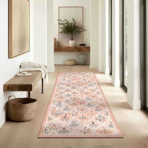 Ashler Runner Rugs 2x10, Floral Hallway Rug, Ultra-Thin Boho Tropical Area Rug, Vintage Long Rugs for Entryway, Kitchen, Flesh Pink/Beige Rug, Moroccan Low-Pile Machine Washable - color: G-flesh Pink/Beige, size: 2' x 10' (Runner)
