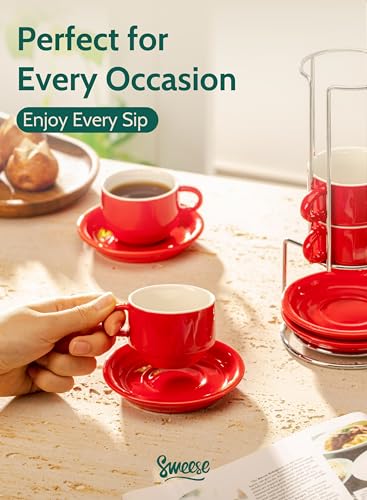 Sweese 2.5 Ounce Porcelain Stackable Espresso Cups with Saucers and Metal Stand Set of 4, Red - color: Red, size: 2.5 Ounces